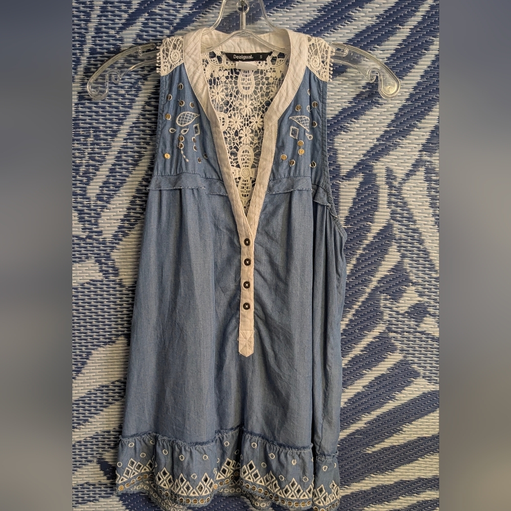 Desigual Blue and Cream Embroidered Top